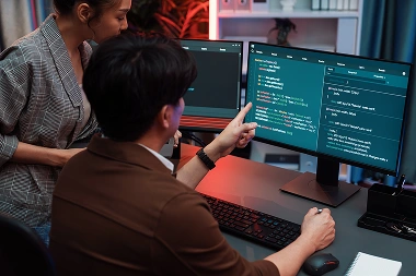 Developers discussing while pointing to a monitor