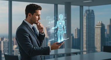 Business man with an hologram display