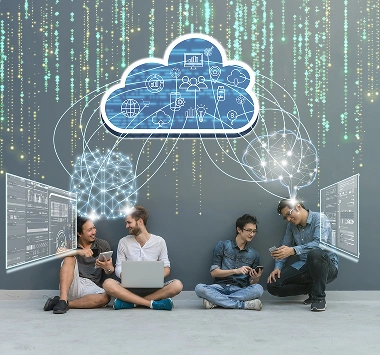 People connected to cloud computing and AI network