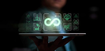 Tablet showing circular economy and sustainability icons