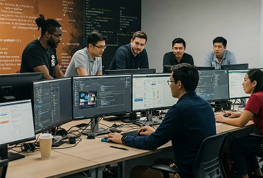 Team of developers and operations professionals working together on DevOps practices