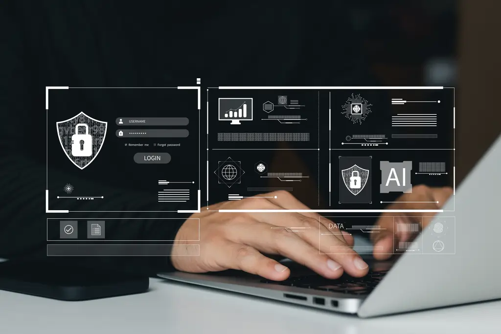 Security logo in front of software developer usinga a laptop