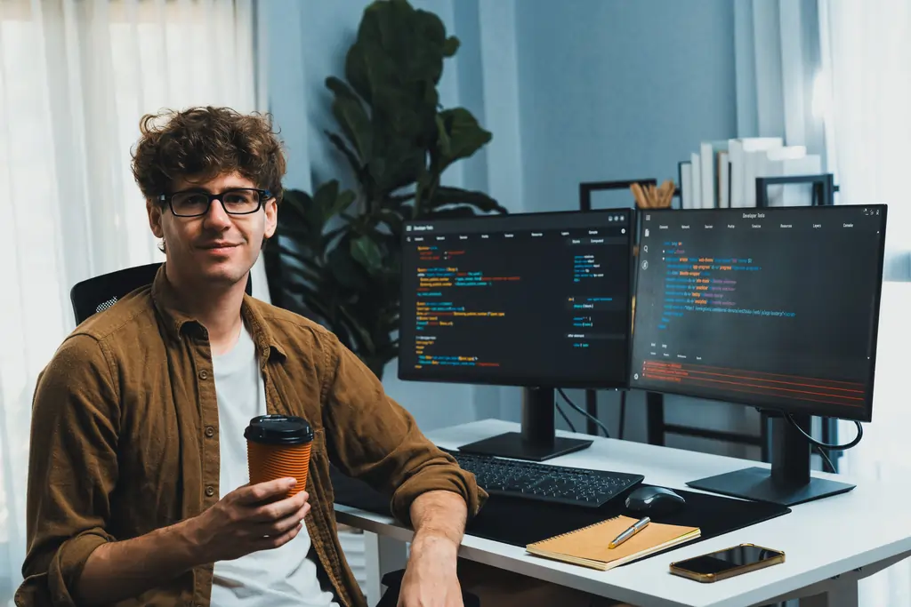 IT Developer looking at a camera holding a coffee cup