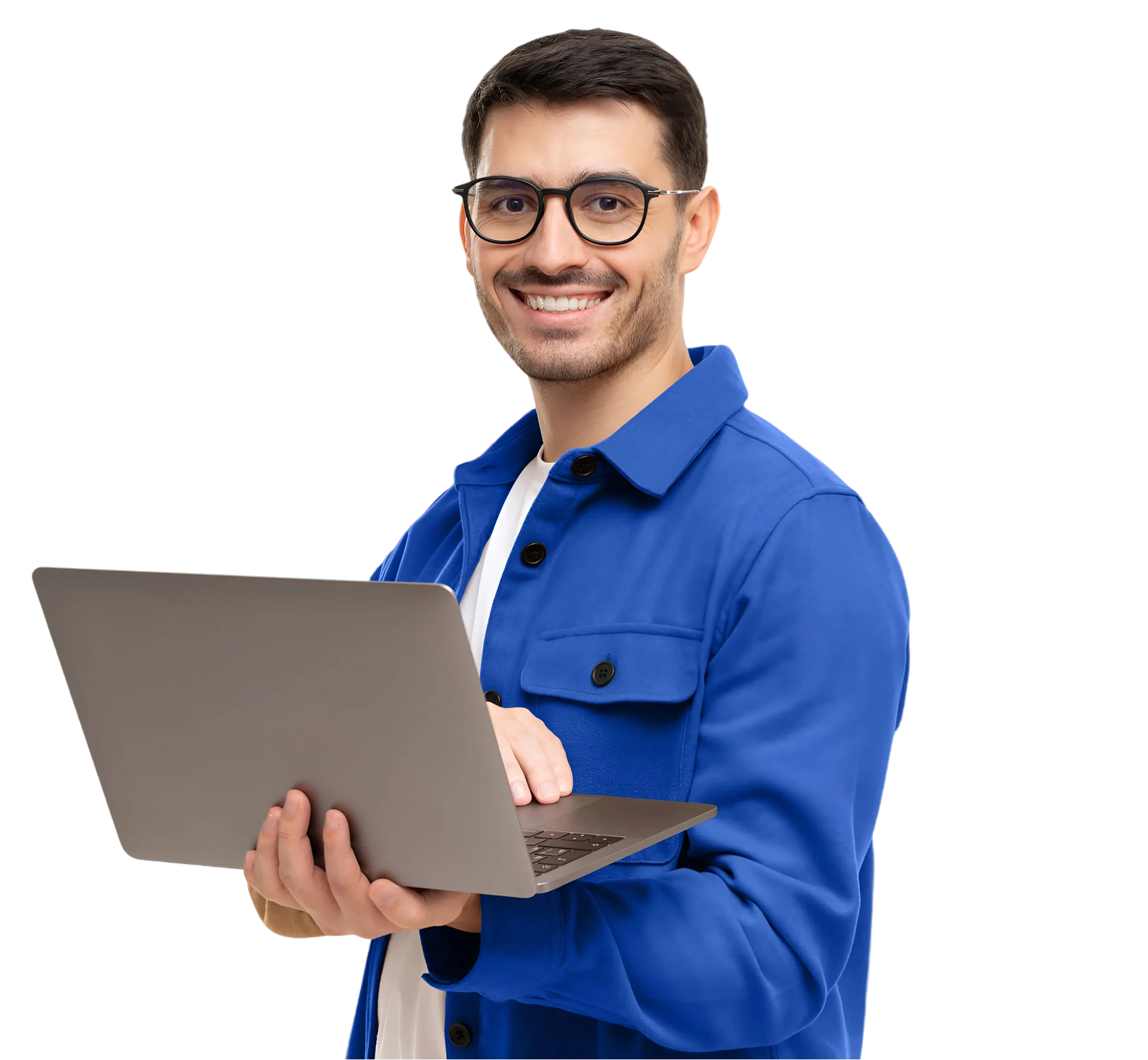 A smiling man in glasses and a blue jacket holding a laptop.