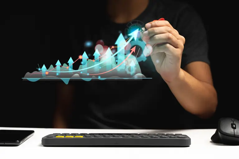 Business man hand showing a virtual hologram representing growth