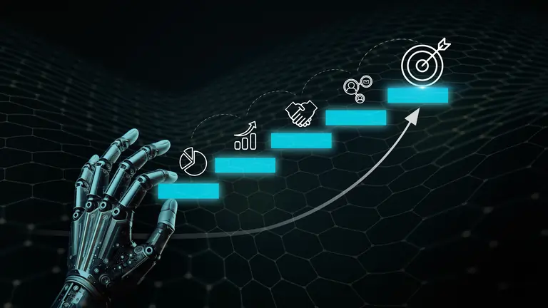 Robot hand arranging blocks as a step stair representing growth